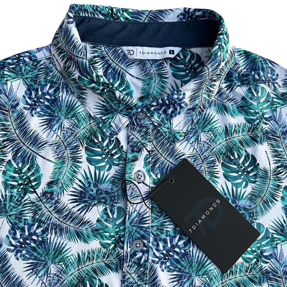 7 Diamonds Isidro Mens Golf Polo Shirt Wicking Anti-Microbial Palm Leaf Large